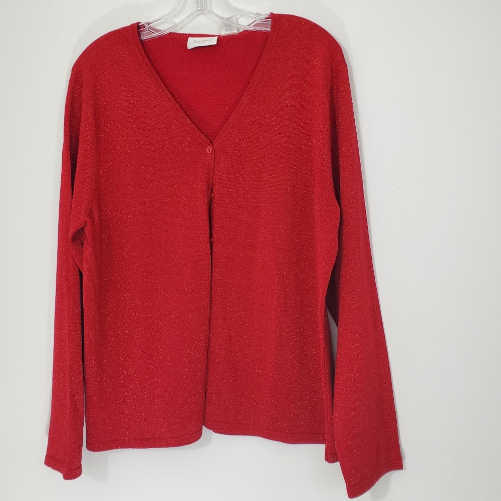 Studio Works Red Sparkly Silk Cardigan, Size XL
